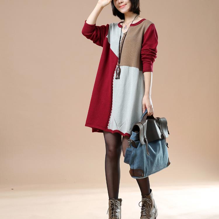 Burgundy color blocks sweaters knit dress - Omychic