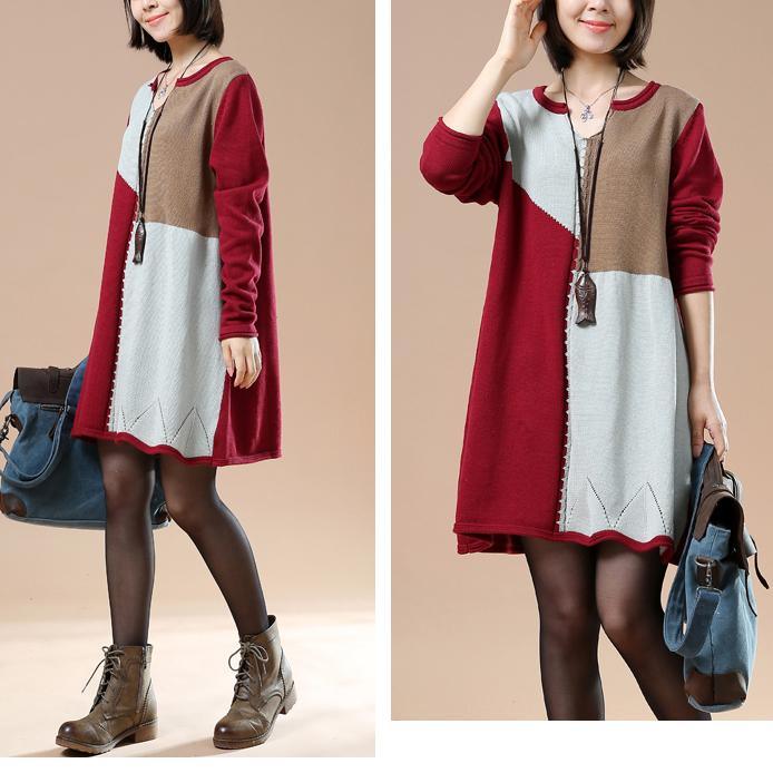 Burgundy color blocks sweaters knit dress - Omychic