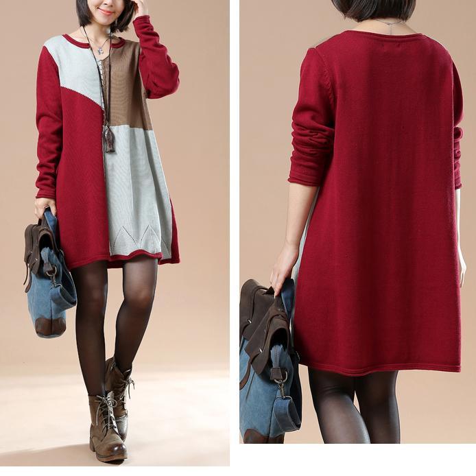 Burgundy color blocks sweaters knit dress - Omychic