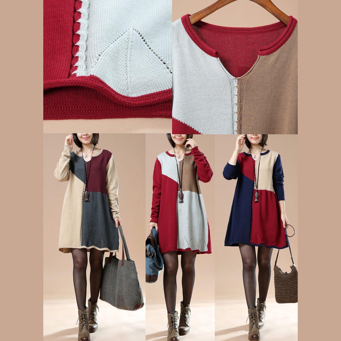 Burgundy color blocks sweaters knit dress - Omychic