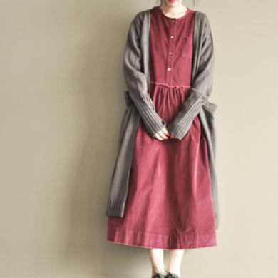 Burgundy corduroy casual maxi dress three quarter sleeve dress - Omychic