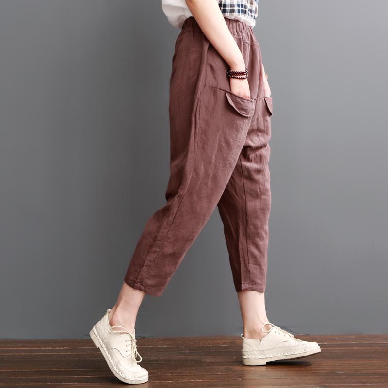 Top quality Burgundy crop pants linen pants trousers - Omychic