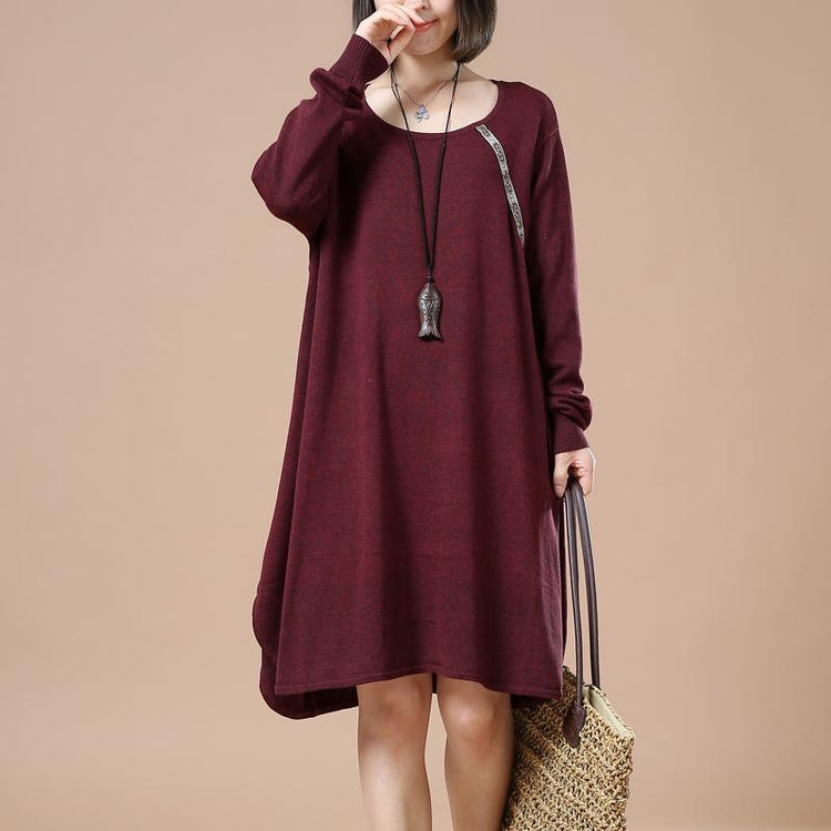 Burgundy cute baggy sweaters long knit dresses witner spring - Omychic