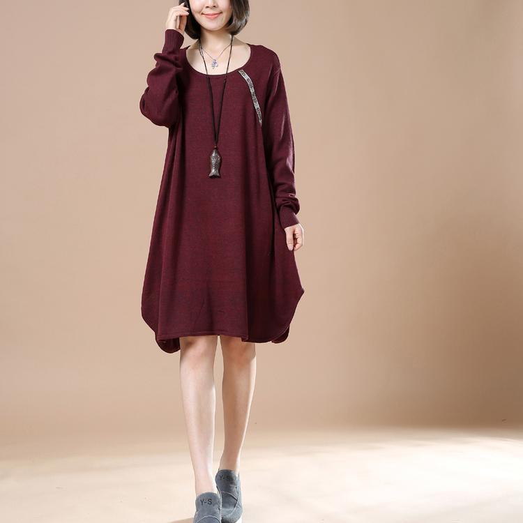 Burgundy cute baggy sweaters long knit dresses witner spring - Omychic