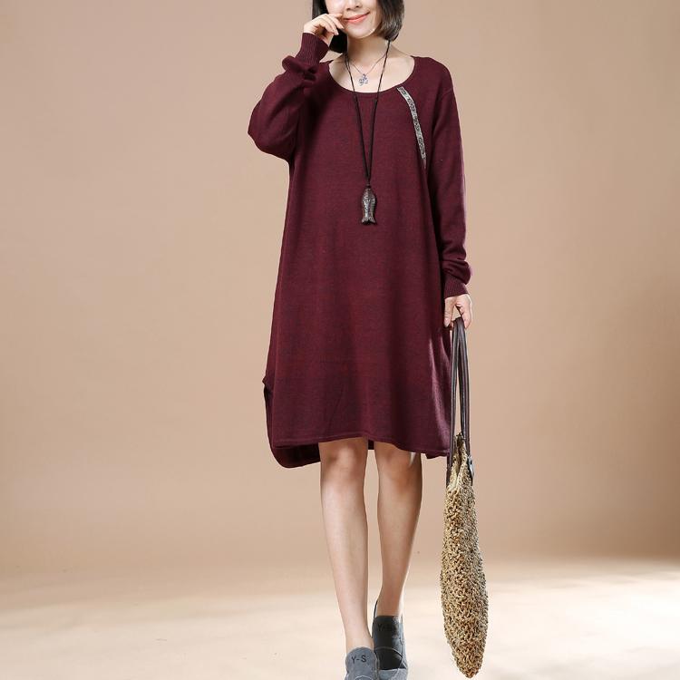 Burgundy cute baggy sweaters long knit dresses witner spring - Omychic