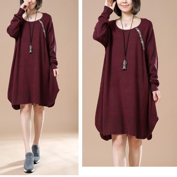 Burgundy cute baggy sweaters long knit dresses witner spring - Omychic