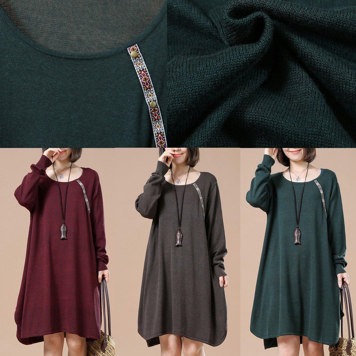 Burgundy cute baggy sweaters long knit dresses witner spring - Omychic