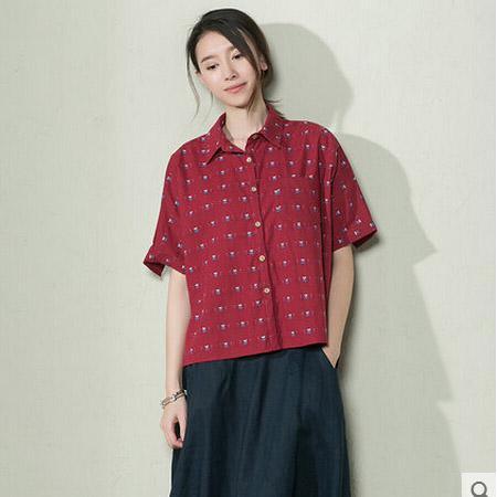 Burgundy dotted women summer shirt cotton blouse low high top - Omychic