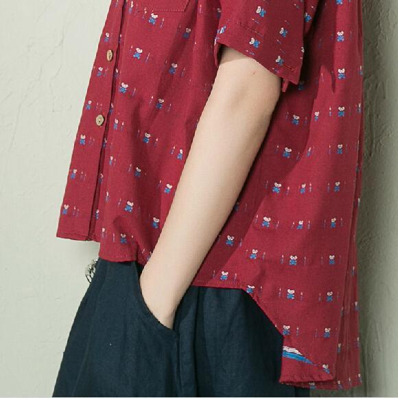 Burgundy dotted women summer shirt cotton blouse low high top - Omychic