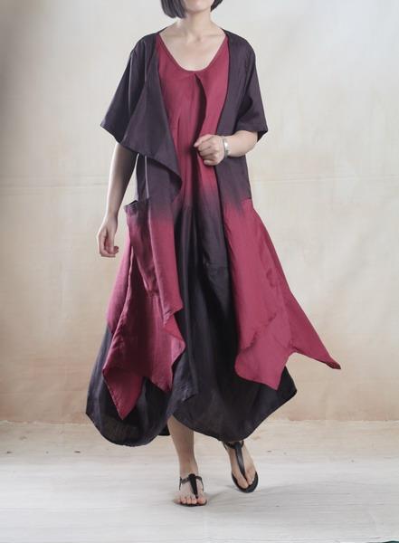 Burgundy gradient Asymmetric linen sundress plus size long maxi dress Two pieces - Omychic