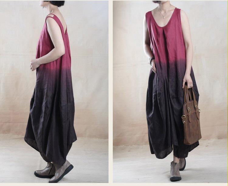 Burgundy gradient Asymmetric linen sundress plus size long maxi dress Two pieces - Omychic