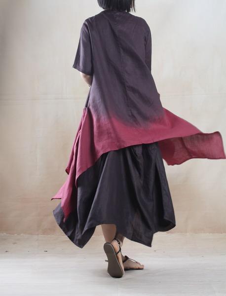 Burgundy gradient Asymmetric linen sundress plus size long maxi dress Two pieces - Omychic