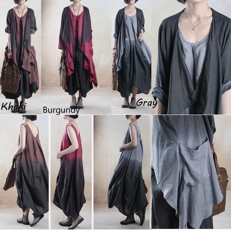 Burgundy gradient Asymmetric linen sundress plus size long maxi dress Two pieces - Omychic
