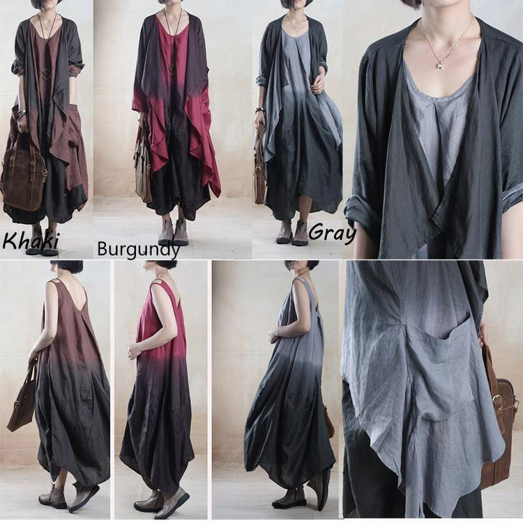 Burgundy gradient Asymmetric linen sundress plus size long maxi dress Two pieces - Omychic