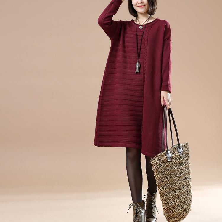 Burgundy half cable knit dresses plus size sweaters - Omychic