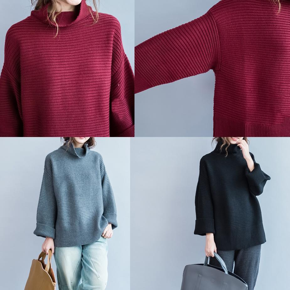 Burgundy knit sweaters woolen cashmere sweater with baggy sleeves and turetle neck - Omychic