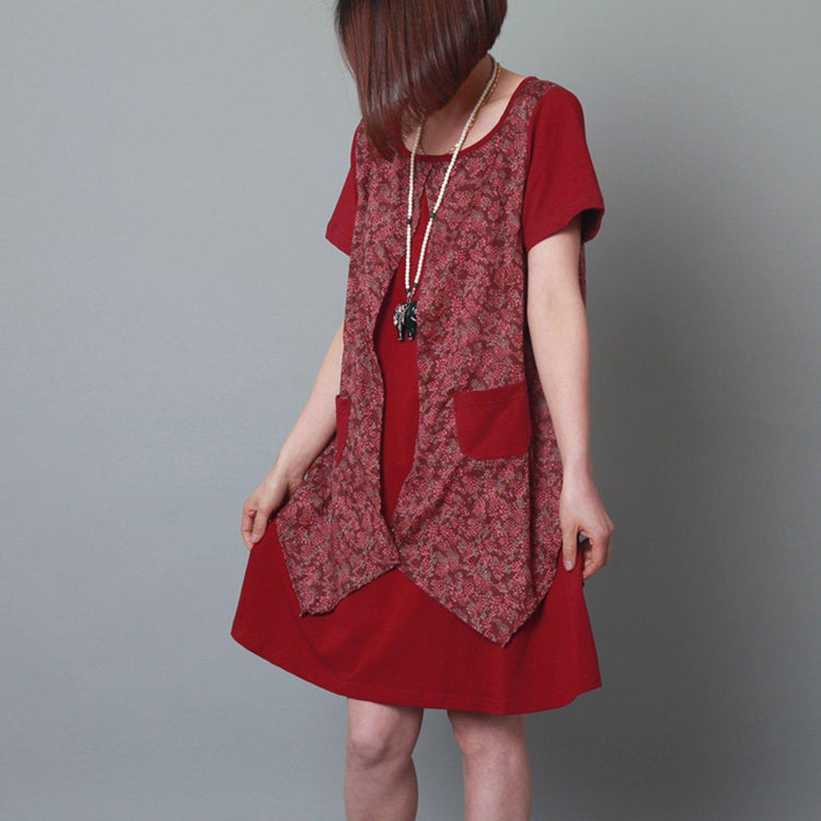 Burgundy layered sundress cotton floral plus size summer shift dress - Omychic