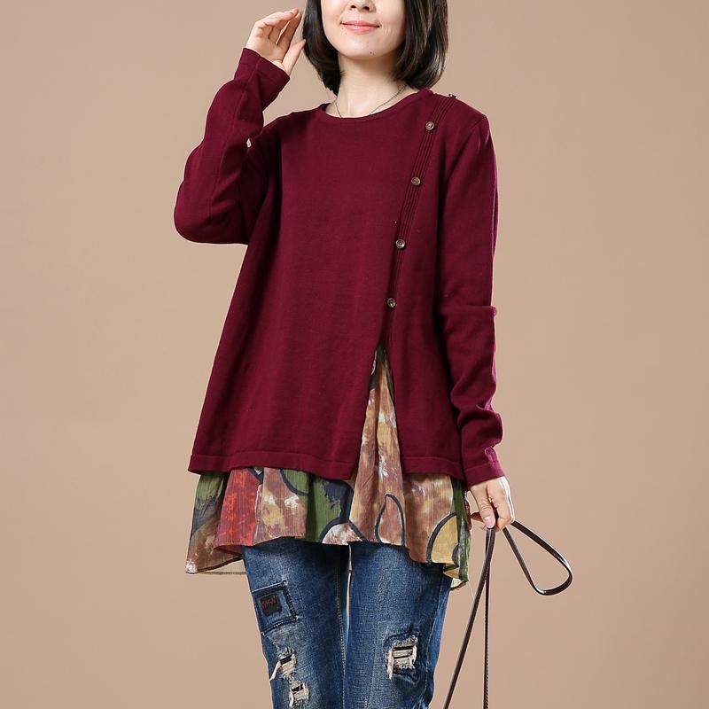 Burgundy layered sweaters oversize knit tops - Omychic