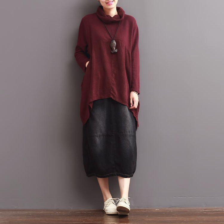 Burgundy linen blouse women cotton tops asymmetrical - Omychic