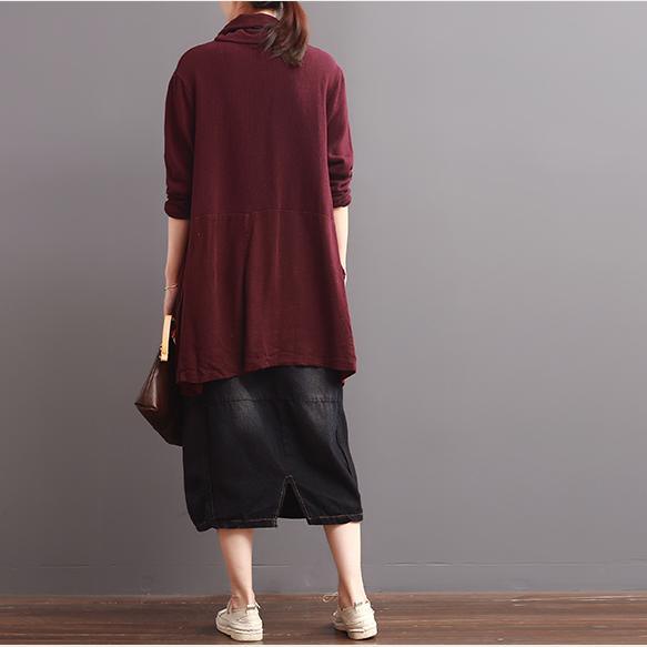 Burgundy linen blouse women cotton tops asymmetrical - Omychic