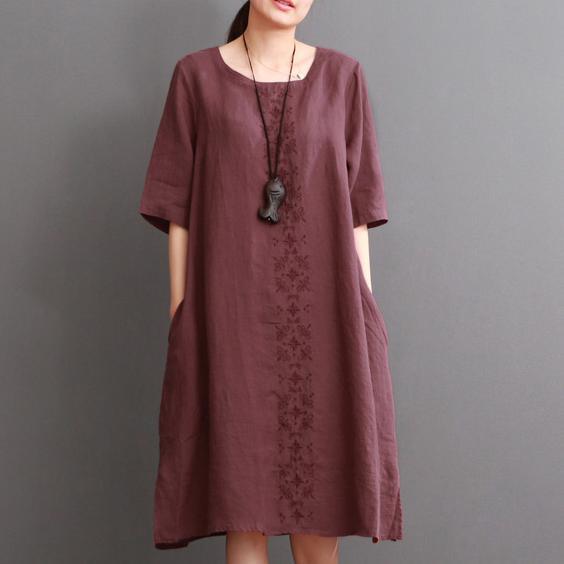 Burgundy linen dress plus size summer dresses - Omychic