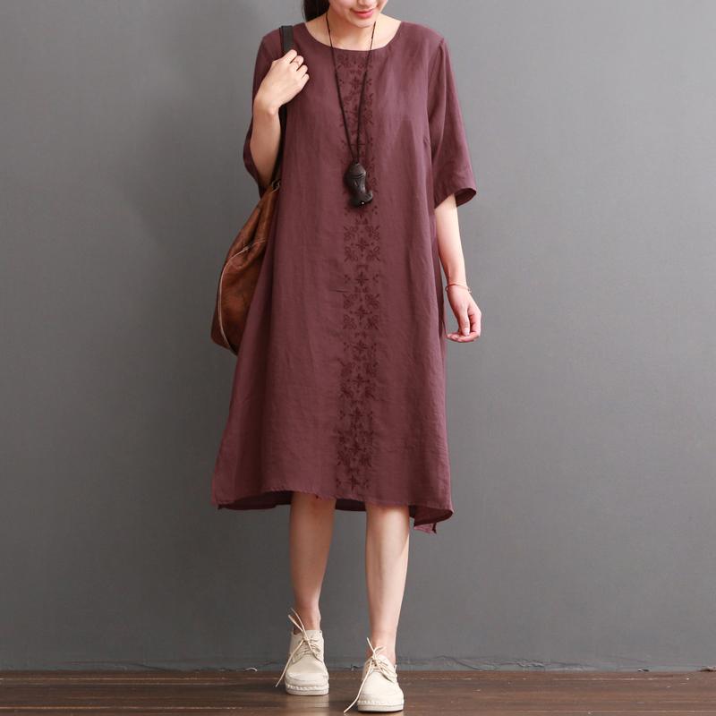 Burgundy linen dress plus size summer dresses - Omychic