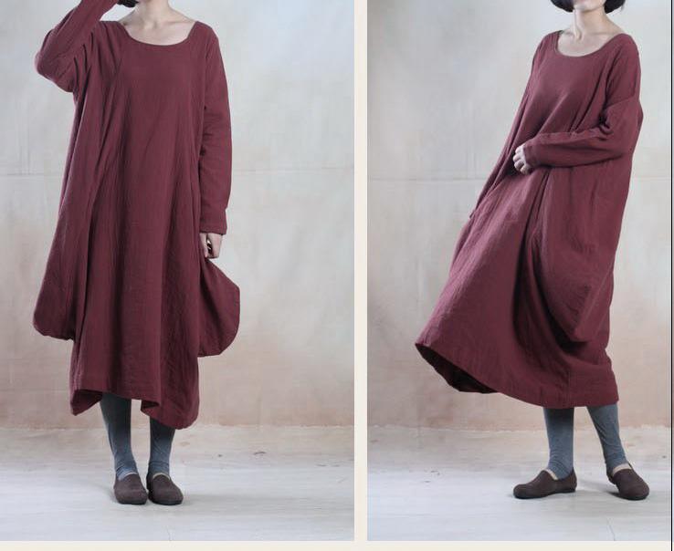 Burgundy linen maxi dress plus size baggy linen dress - Omychic