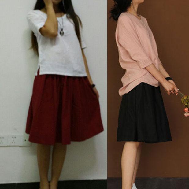 Burgundy linen short skirt summer linen skirts elastic waist - Omychic