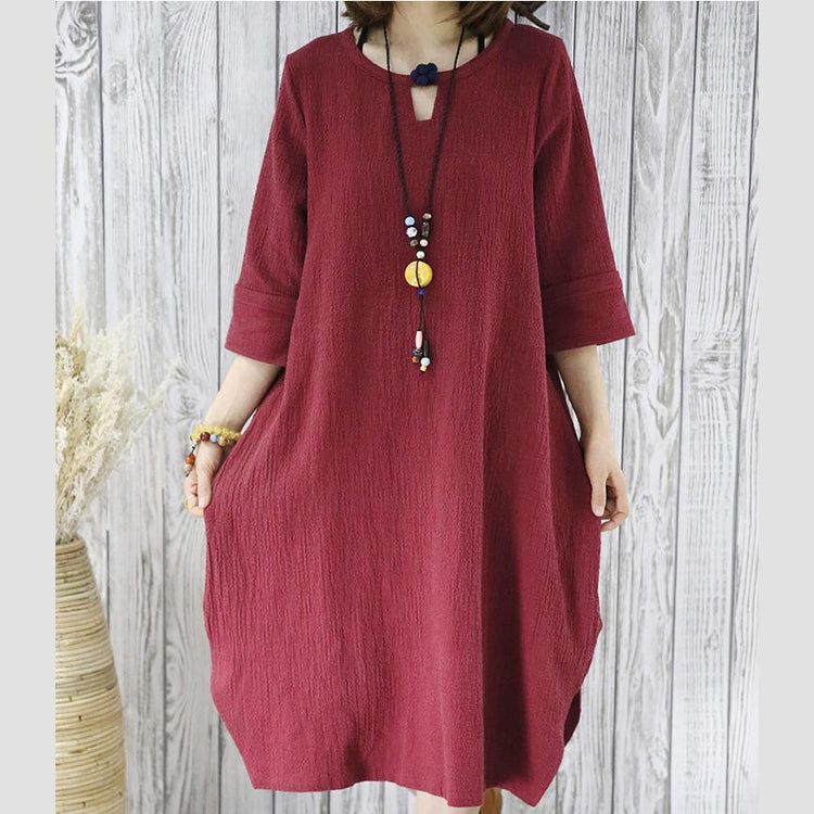 Burgundy linen sundress new plus size summer shirt dresses - Omychic