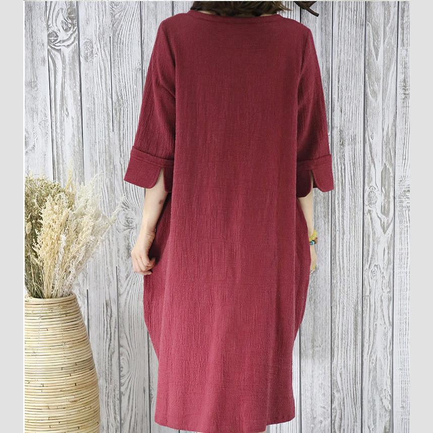 Burgundy linen sundress new plus size summer shirt dresses - Omychic
