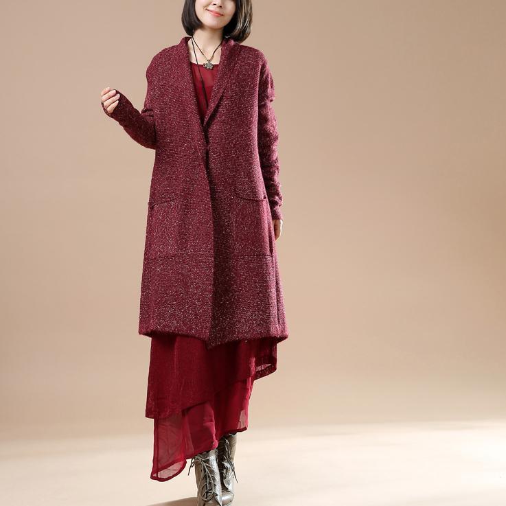 Burgundy long sleeve knit cardigans oversize coats - Omychic
