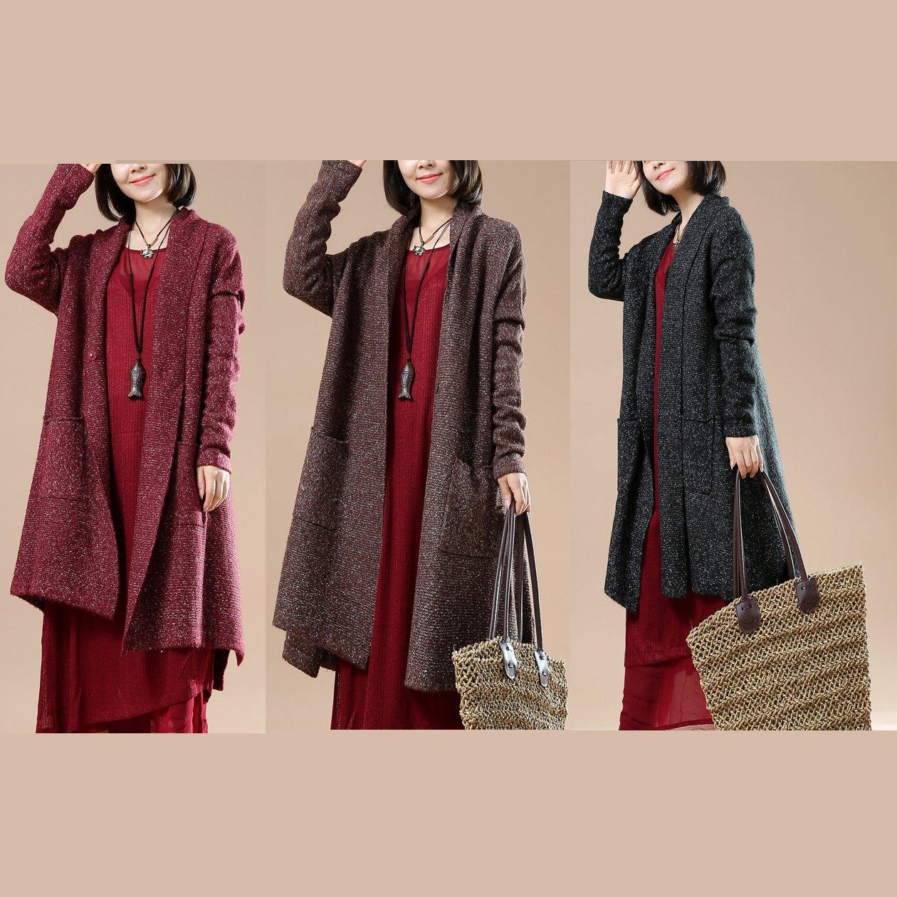 Burgundy long sleeve knit cardigans oversize coats - Omychic