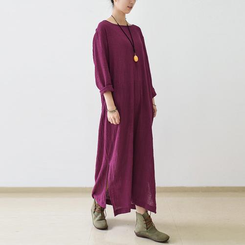 Burgundy long sleeve linen dresses fall winter linen clothing - Omychic