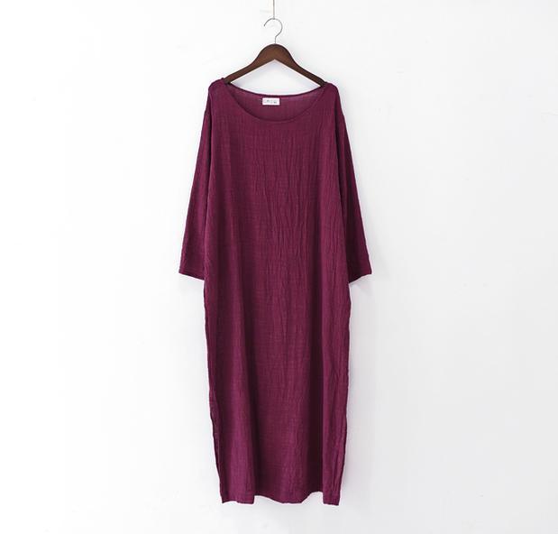 Burgundy long sleeve linen dresses fall winter linen clothing - Omychic