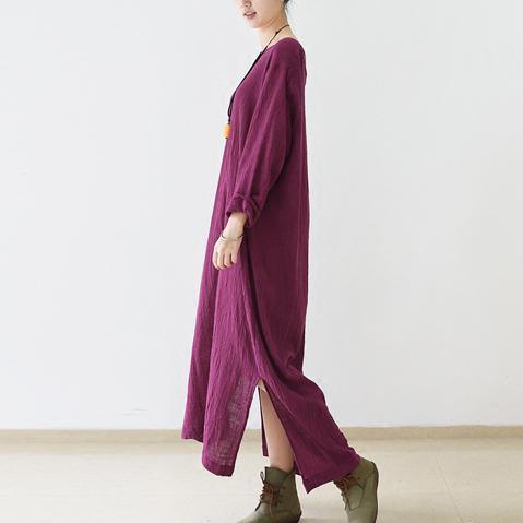 Burgundy long sleeve linen dresses fall winter linen clothing - Omychic