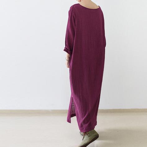 Burgundy long sleeve linen dresses fall winter linen clothing - Omychic