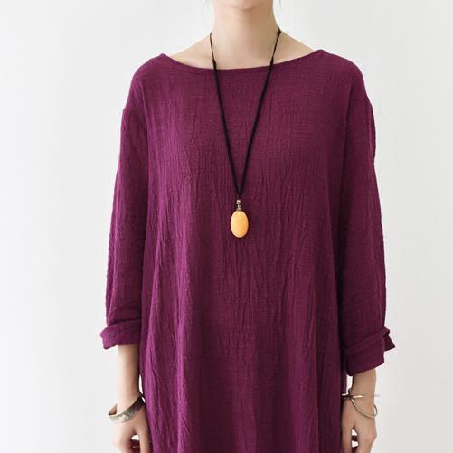 Burgundy long sleeve linen dresses fall winter linen clothing - Omychic