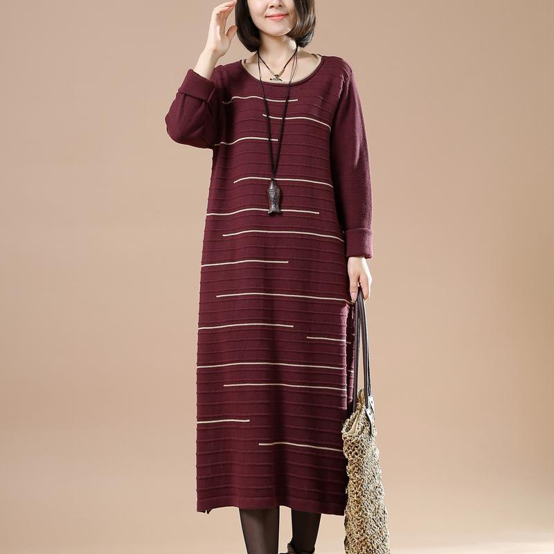 Burgundy long sweaters women knit dresses people coming and going - Omychic