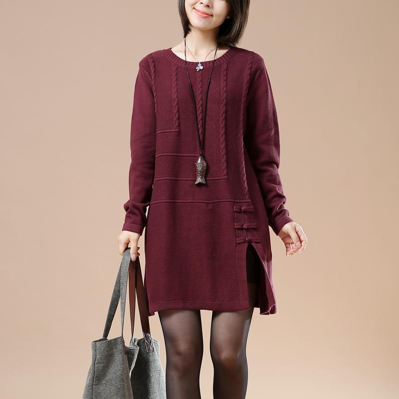 Burgundy new sweaters open hem cable knit dresses winter - Omychic
