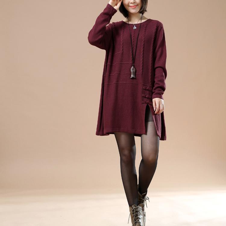 Burgundy new sweaters open hem cable knit dresses winter - Omychic