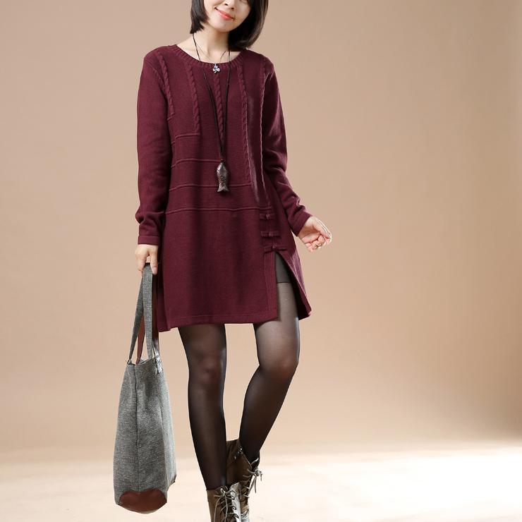 Burgundy new sweaters open hem cable knit dresses winter - Omychic
