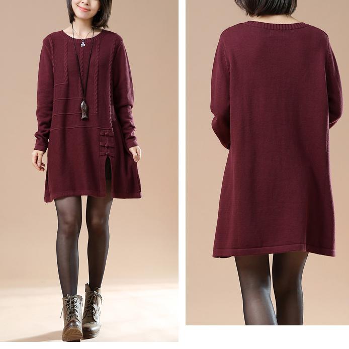 Burgundy new sweaters open hem cable knit dresses winter - Omychic