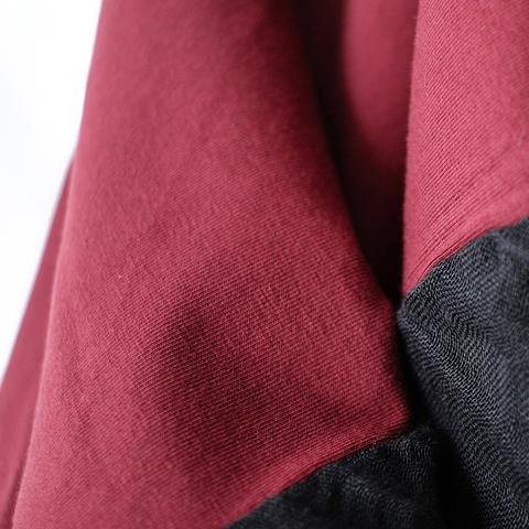 Burgundy patchwork linen dresses long sleeve tunic cotton dress asymmetrical - Omychic