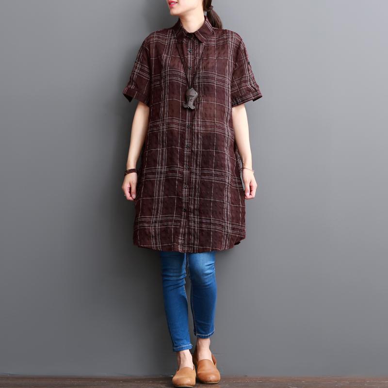 Burgundy plaid long women cotton shirt dresses sundress - Omychic