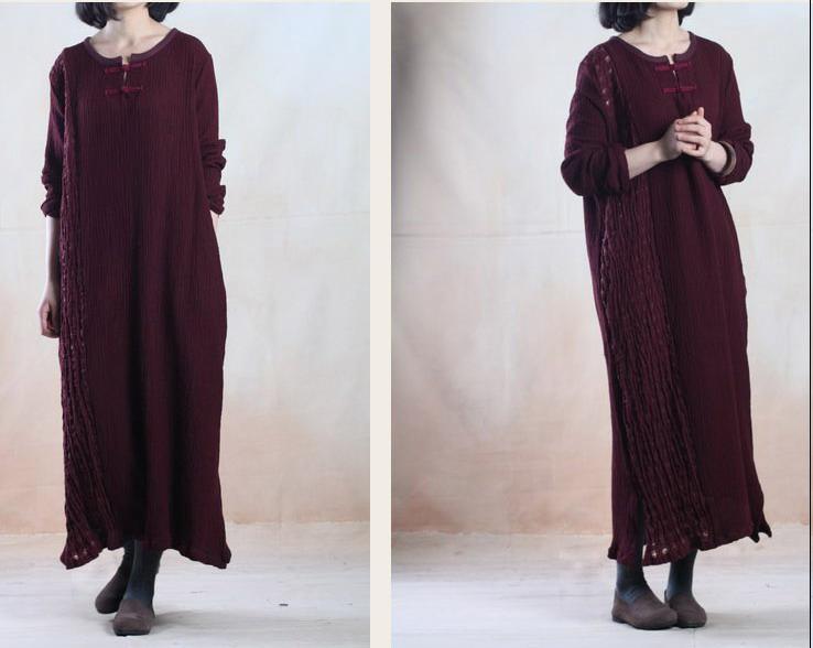 Burgundy pleated linen dress maxis long line gown holiday dress - Omychic