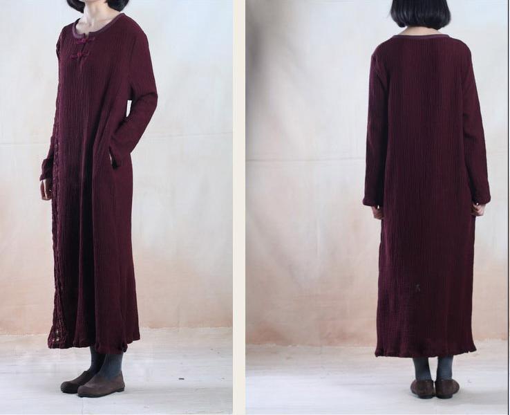 Burgundy pleated linen dress maxis long line gown holiday dress - Omychic
