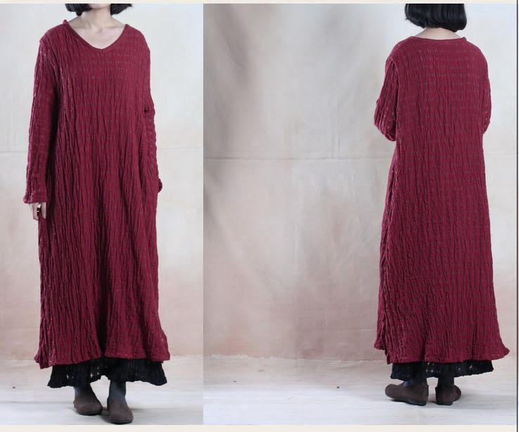 Burgundy pleated linen sundress long summer maxi dress caftan holiday gown - Omychic