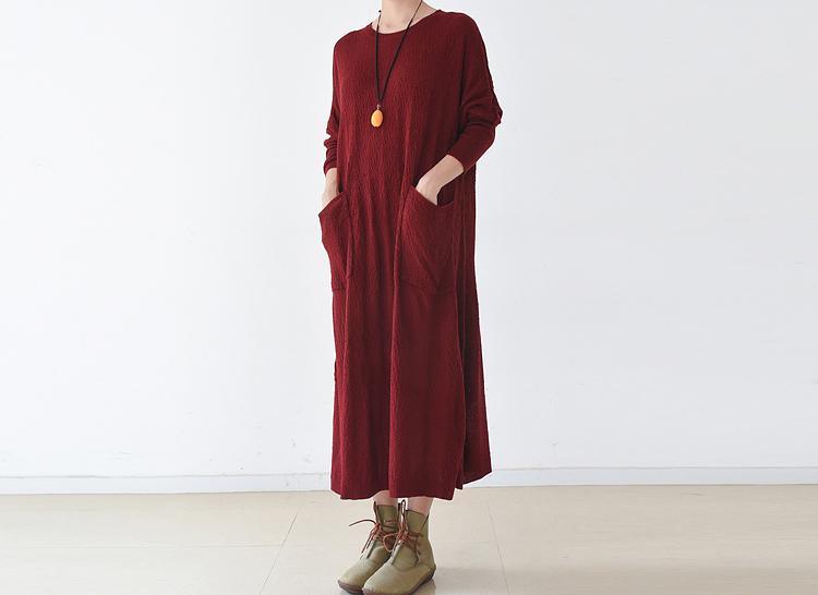 Burgundy plus size knit dresses oversize caftans free pockets in front maxi dresses - Omychic