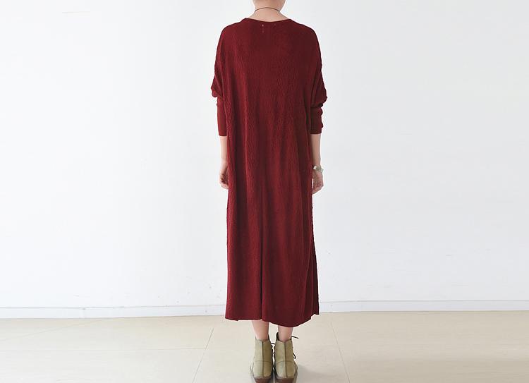 Burgundy plus size knit dresses oversize caftans free pockets in front maxi dresses - Omychic