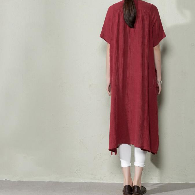 Burgundy plus size linen sundresses summer linen dresses long blouse shirt - Omychic